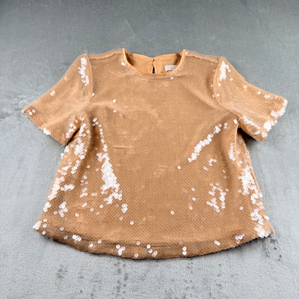 LOFT Sequin Short Sleeve Top Tan Gold Sparkle Blouse‎ Womens Medium